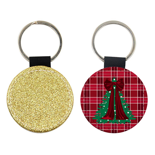 Classic Red Plaid Christmas Tree with Red Bow - keyring by EZbie