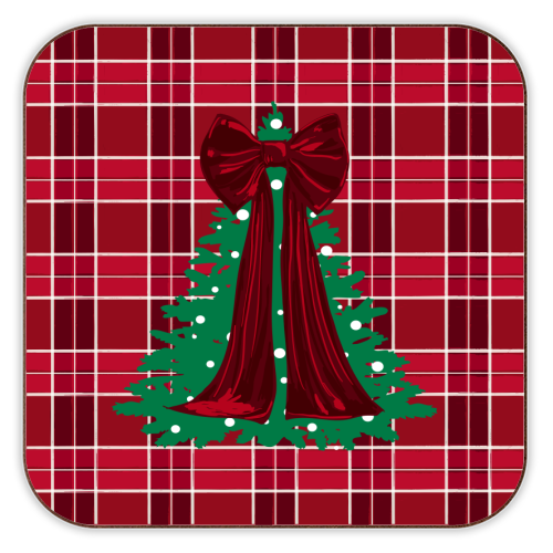 Classic Red Plaid Christmas Tree with Red Bow - personalised beer coaster by EZbie