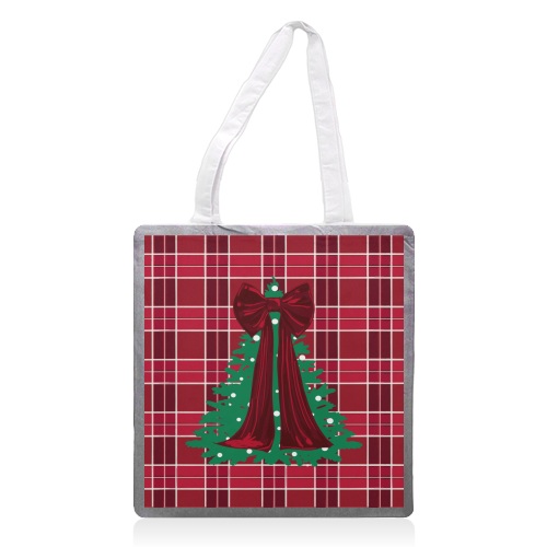 Classic Red Plaid Christmas Tree with Red Bow - printed canvas tote bag by EZbie