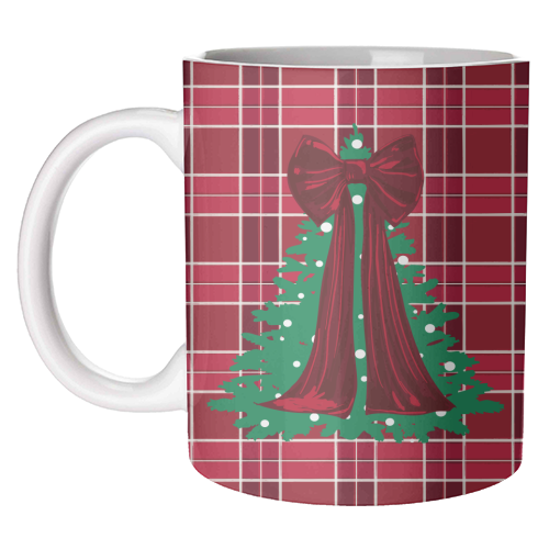 Classic Red Plaid Christmas Tree with Red Bow - unique mug by EZbie