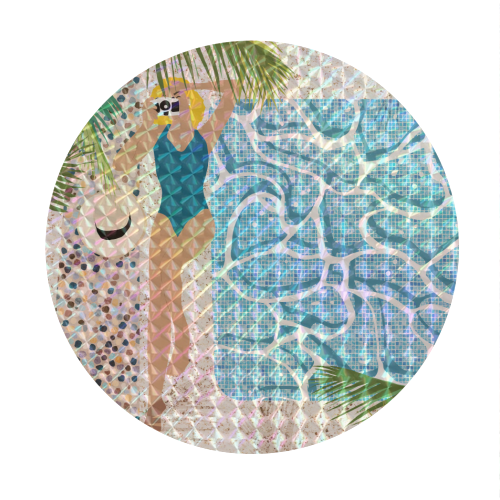 Click, Summer Travel Poolside Swim, Moroccan Tiles Staycation Vacation Holiday, Bohemian Woman Swimsuit Fashion Pose - Circle Sticker by Uma Prabhakar Gokhale