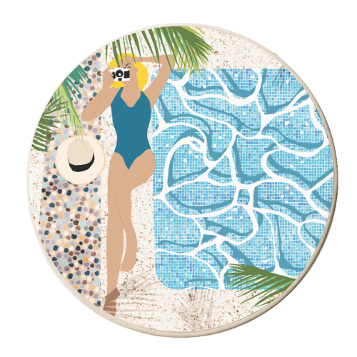Click, Summer Travel Poolside Swim, Moroccan Tiles Staycation Vacation Holiday, Bohemian Woman Swimsuit Fashion Pose - personalised beer coaster by Uma Prabhakar Gokhale