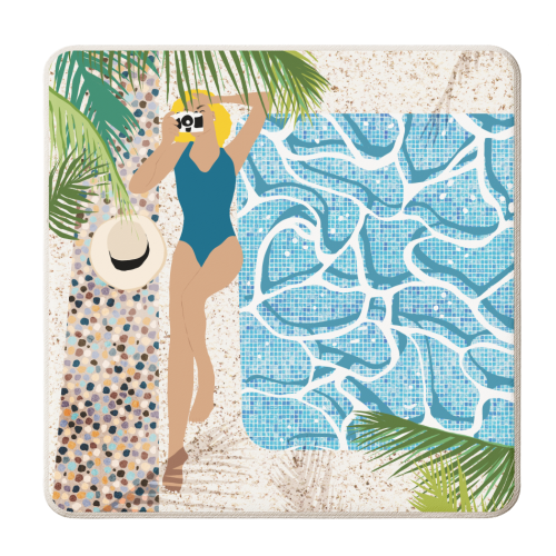 Click, Summer Travel Poolside Swim, Moroccan Tiles Staycation Vacation Holiday, Bohemian Woman Swimsuit Fashion Pose - personalised beer coaster by Uma Prabhakar Gokhale
