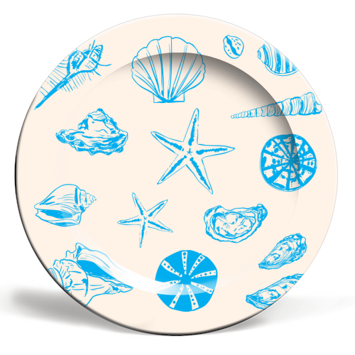 Coastal Shells & Starfish Line Art - ceramic dinner plate by EZbie
