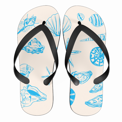 Coastal Shells & Starfish Line Art - funny flip flops by EZbie