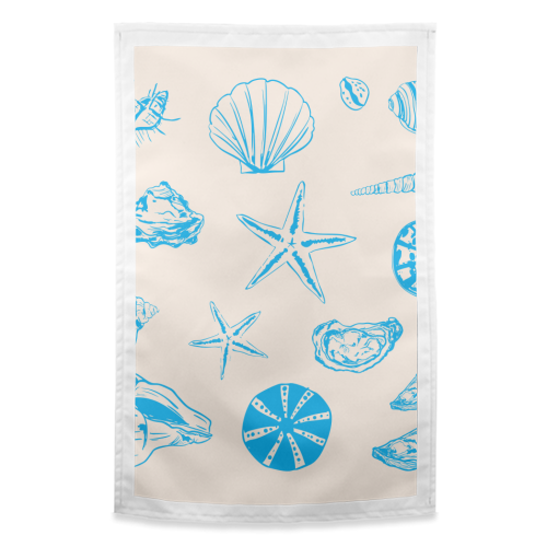 Coastal Shells & Starfish Line Art - funny tea towel by EZbie