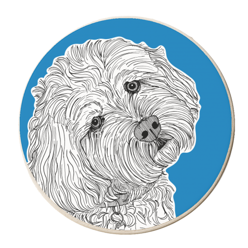 Cockapoo Dog Portrait ( blue background ) - personalised beer coaster by Adam Regester