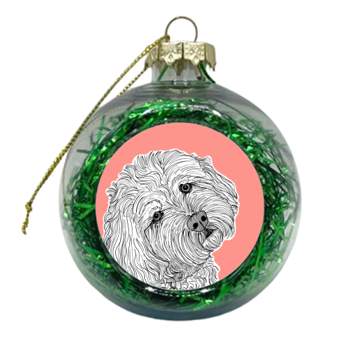 Cockapoo Dog Portrait ( coral background ) - xmas bauble by Adam Regester