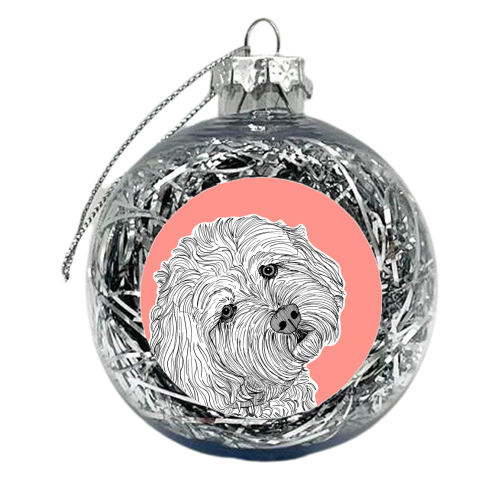 Cockapoo Dog Portrait ( coral background ) - xmas bauble by Adam Regester