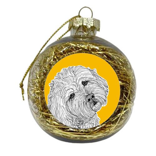 Cockapoo Dog Portrait ( yellow background ) - xmas bauble by Adam Regester