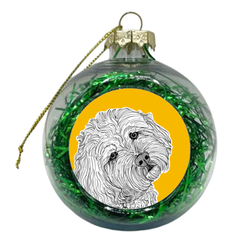 Cockapoo Dog Portrait ( yellow background ) - xmas bauble by Adam Regester