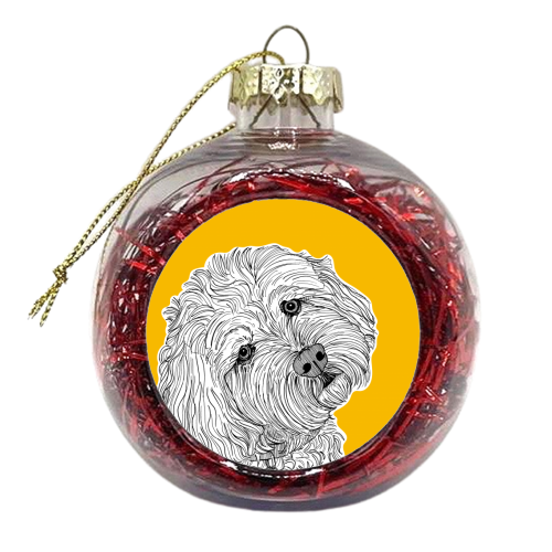 Cockapoo Dog Portrait ( yellow background ) - xmas bauble by Adam Regester