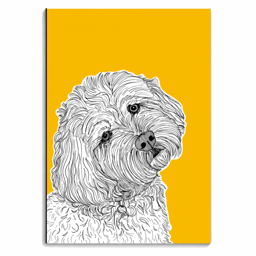 Cockapoo Dog Portrait ( yellow background ) - personalised A4, A5, A6 notebook by Adam Regester