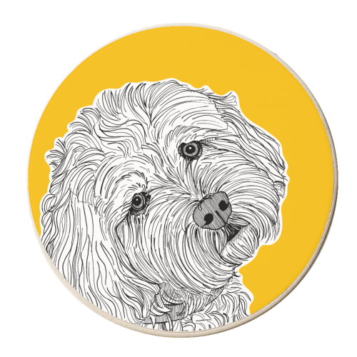Cockapoo Dog Portrait ( yellow background ) - personalised beer coaster by Adam Regester
