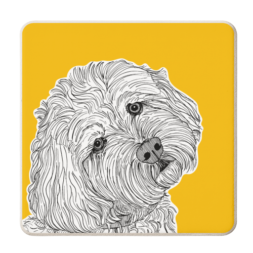Cockapoo Dog Portrait ( yellow background ) - personalised beer coaster by Adam Regester