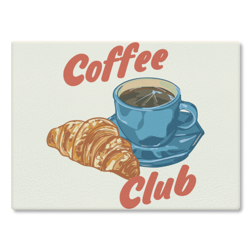 Coffee Club – Croissant and Espresso Illustration - glass chopping board by EZbie
