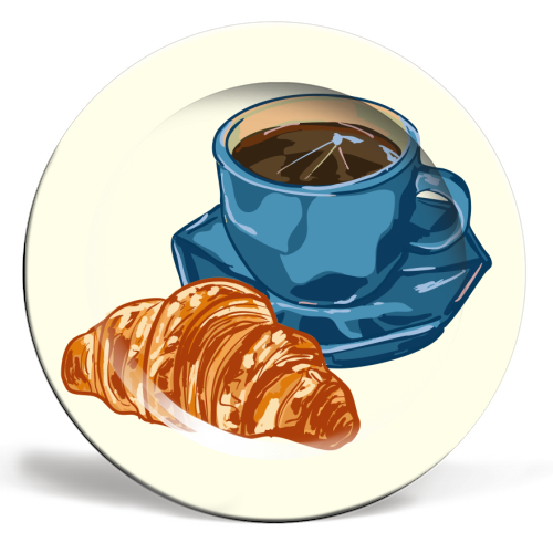 Coffee & Croissant – Café-Style Illustration - ceramic dinner plate by EZbie