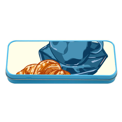 Coffee & Croissant – Café-Style Illustration - tin pencil case by EZbie
