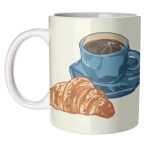 Coffee & Croissant – Café-Style Illustration - unique mug by EZbie