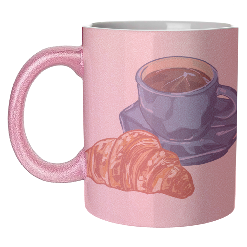 Coffee & Croissant – Café-Style Illustration - unique mug by EZbie
