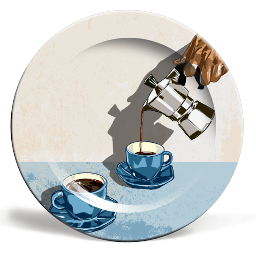Coffee for Two – Blue Cup Kitchen Print - ceramic dinner plate by EZbie