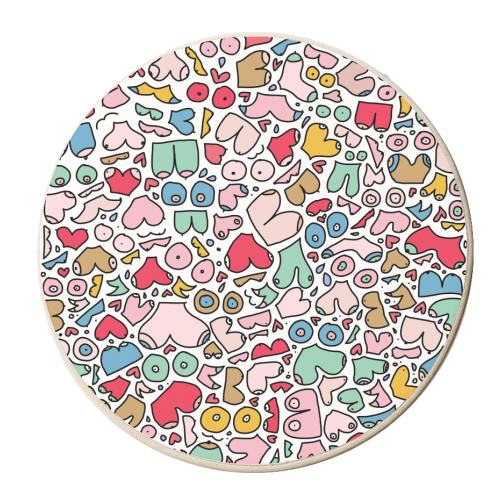 Colorful bright body positive boobs - personalised beer coaster by andrea zuza