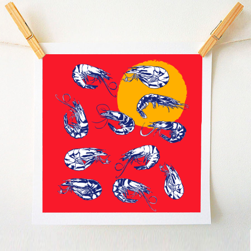 Colorful Retro Shrimp Minimalist Illustration - A1 - A4 art print by EZbie