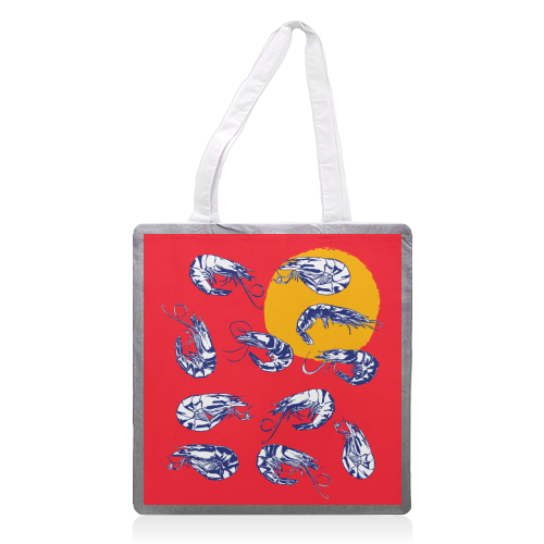 Colorful Retro Shrimp Minimalist Illustration - printed canvas tote bag by EZbie