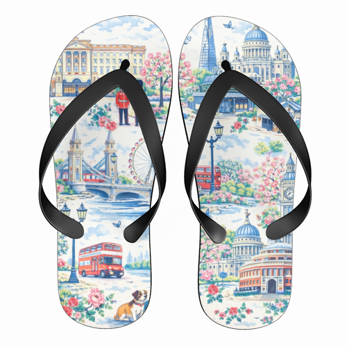 Colourful London Toile - funny flip flops by Ms Doodle