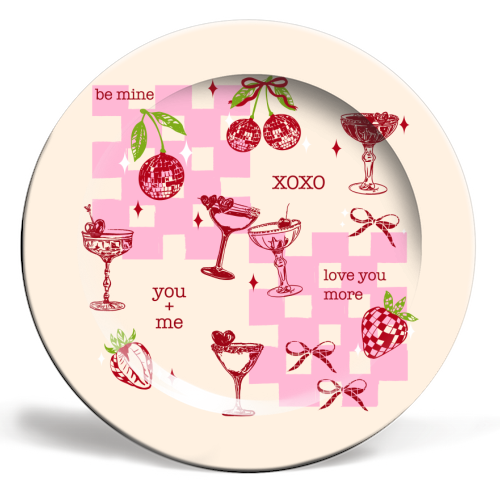Coquette Cherry Disco Valentine Cocktail Illustration - ceramic dinner plate by EZbie