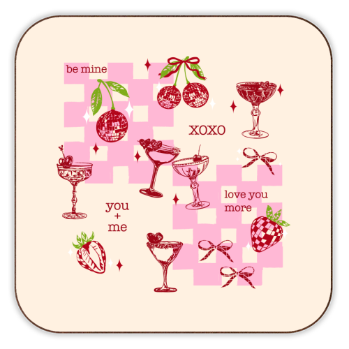 Coquette Cherry Disco Valentine Cocktail Illustration - personalised beer coaster by EZbie