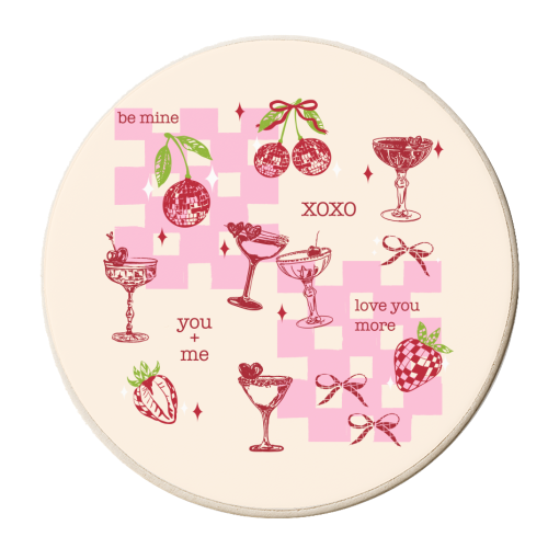 Coquette Cherry Disco Valentine Cocktail Illustration - personalised beer coaster by EZbie