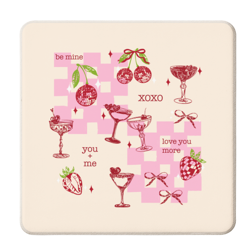Coquette Cherry Disco Valentine Cocktail Illustration - personalised beer coaster by EZbie
