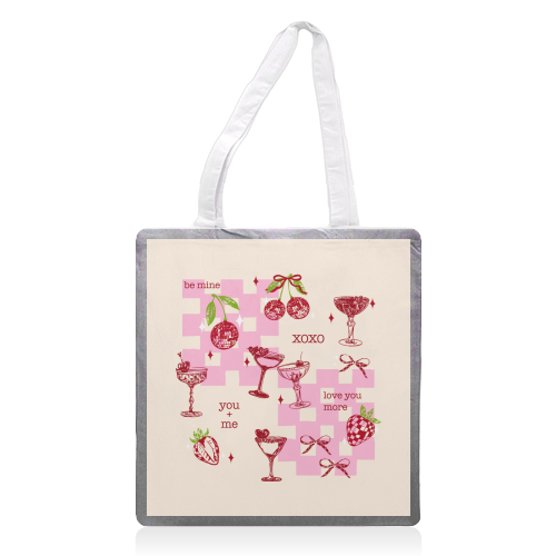 Coquette Cherry Disco Valentine Cocktail Illustration - printed canvas tote bag by EZbie