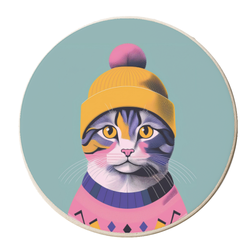 Cosy Cat In A Hat Portrait Illustration - personalised beer coaster by Adam Regester
