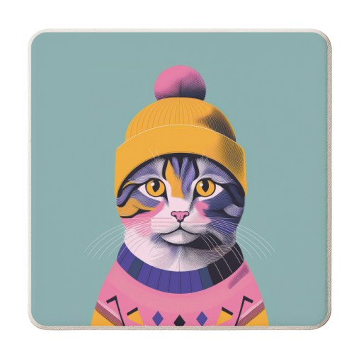 Cosy Cat In A Hat Portrait Illustration - personalised beer coaster by Adam Regester