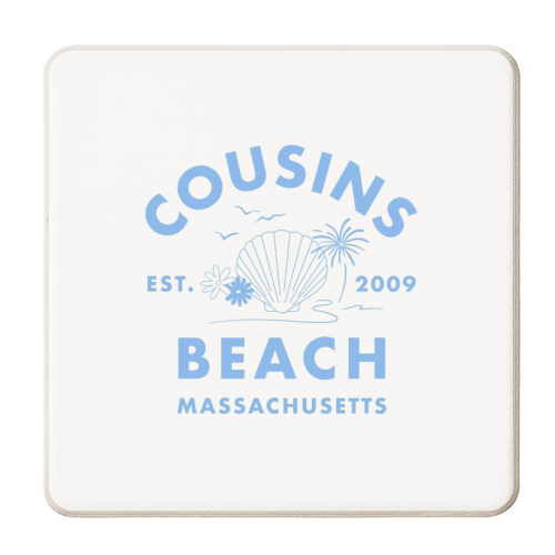 Cousins beach in blue - personalised beer coaster by The Girl Next Draw