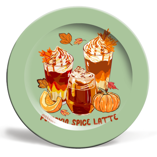 Cozy Pumpkin Spice Latte Retro Illustration - ceramic dinner plate by EZbie