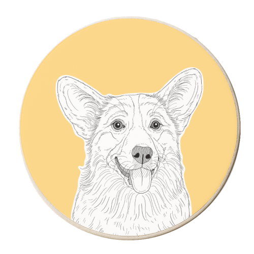 Cute Corgi Dog Portrait (custard yellow background) - personalised beer coaster by Adam Regester