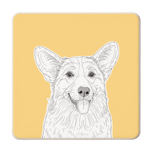 Cute Corgi Dog Portrait (custard yellow background) - personalised beer coaster by Adam Regester