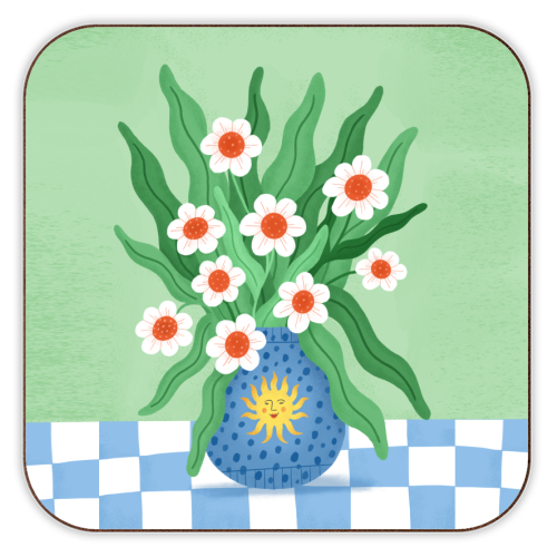 Cute flower sun vase - personalised beer coaster by Katie Brookes