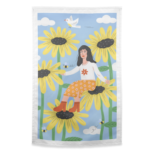 Cute sunflower girl - funny tea towel by Katie Brookes