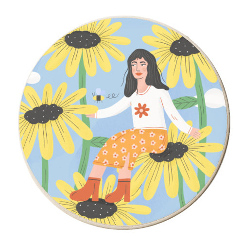 Cute sunflower girl - personalised beer coaster by Katie Brookes