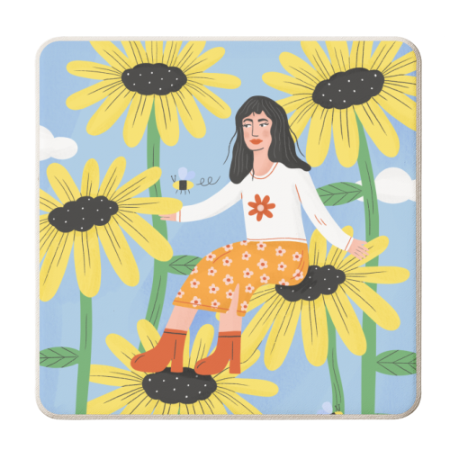 Cute sunflower girl - personalised beer coaster by Katie Brookes