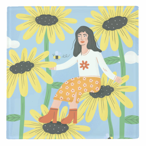 Cute sunflower girl - personalised beer coaster by Katie Brookes