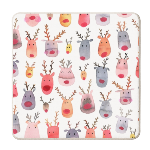Cute Watercolor Christmas Rudolph Reindeers - personalised beer coaster by Ninola Design