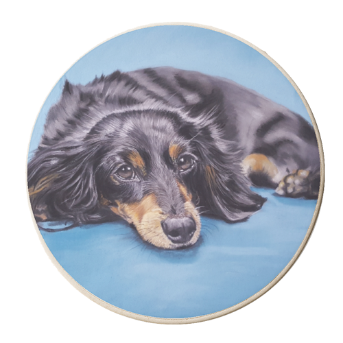 Dachshund - Little Dog on a Blue Chair - personalised beer coaster by Sarah Perry Fine Art
