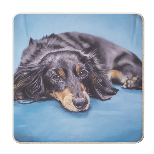Dachshund - Little Dog on a Blue Chair - personalised beer coaster by Sarah Perry Fine Art