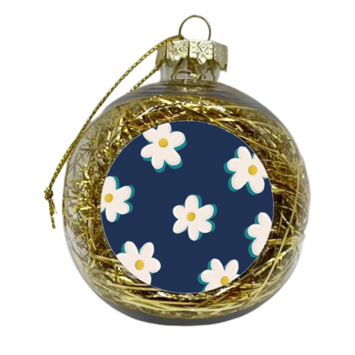 Daisy Pattern on a Navy Background - xmas bauble by Hollie Mills