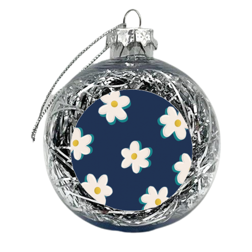 Daisy Pattern on a Navy Background - xmas bauble by Hollie Mills